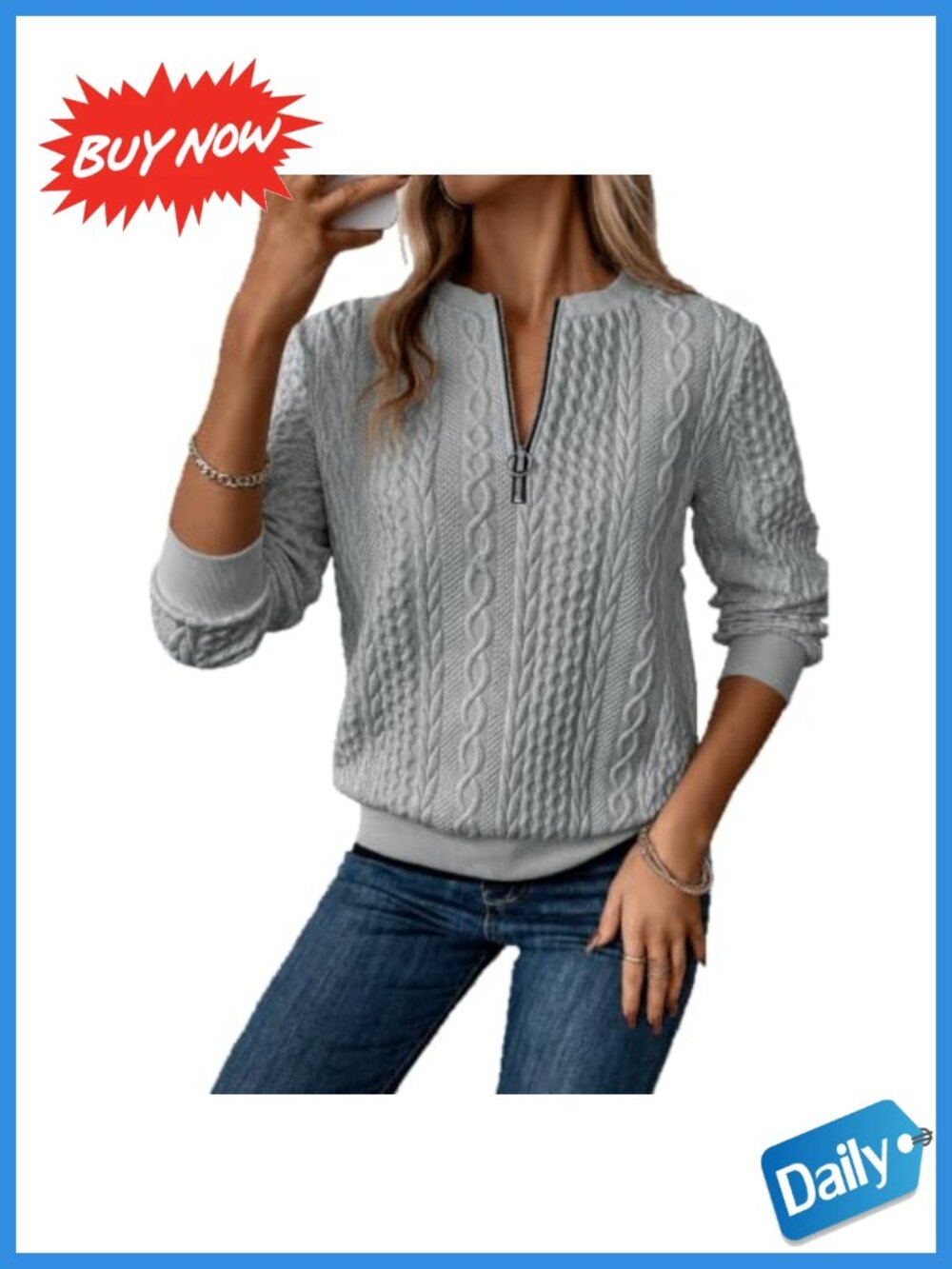 Textured Cable Knit Quarter Zip Pullover Sweatshirt Long Sleeve